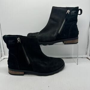 Sorel Boots Womens 8 Emelie Black Leather Side Zip Heeled Ankle Bootie NL3502